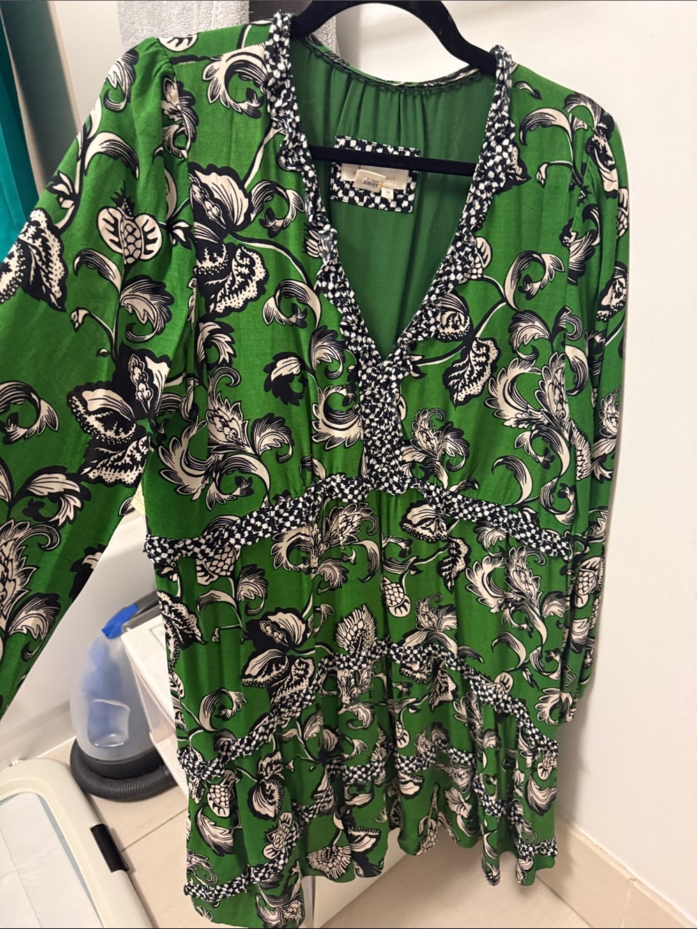 Anthropologie Green Floral V-Neck Dress with Black & Cream Trim